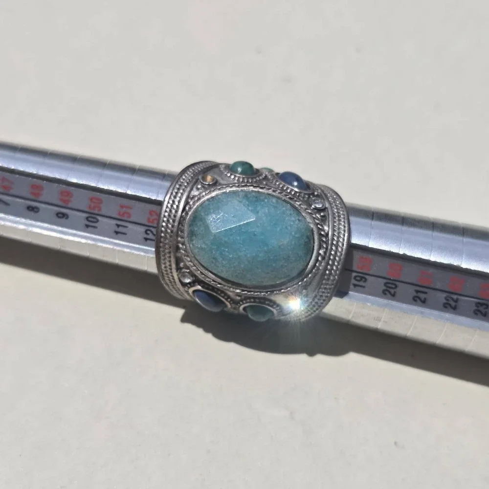 Vintage 925 Sterling Silver Mixed Stone Boho Statement Ring Size 7.25 Blue Green